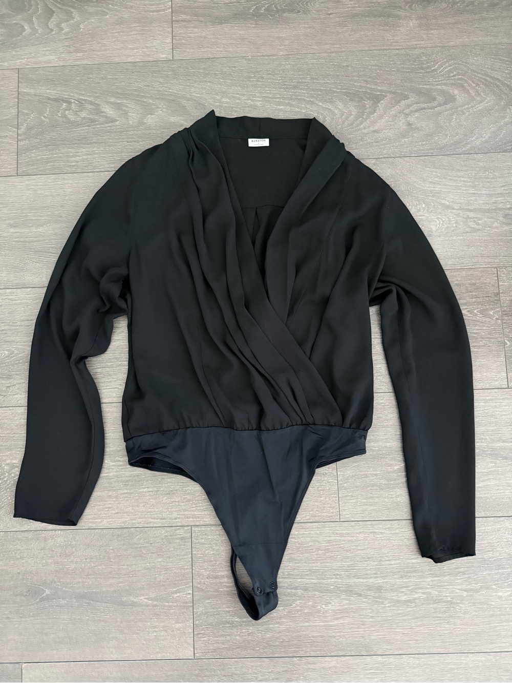 Babaton Black Wrap-Front Long Sleeve Bodysuit aritzia top tee shirt large tna